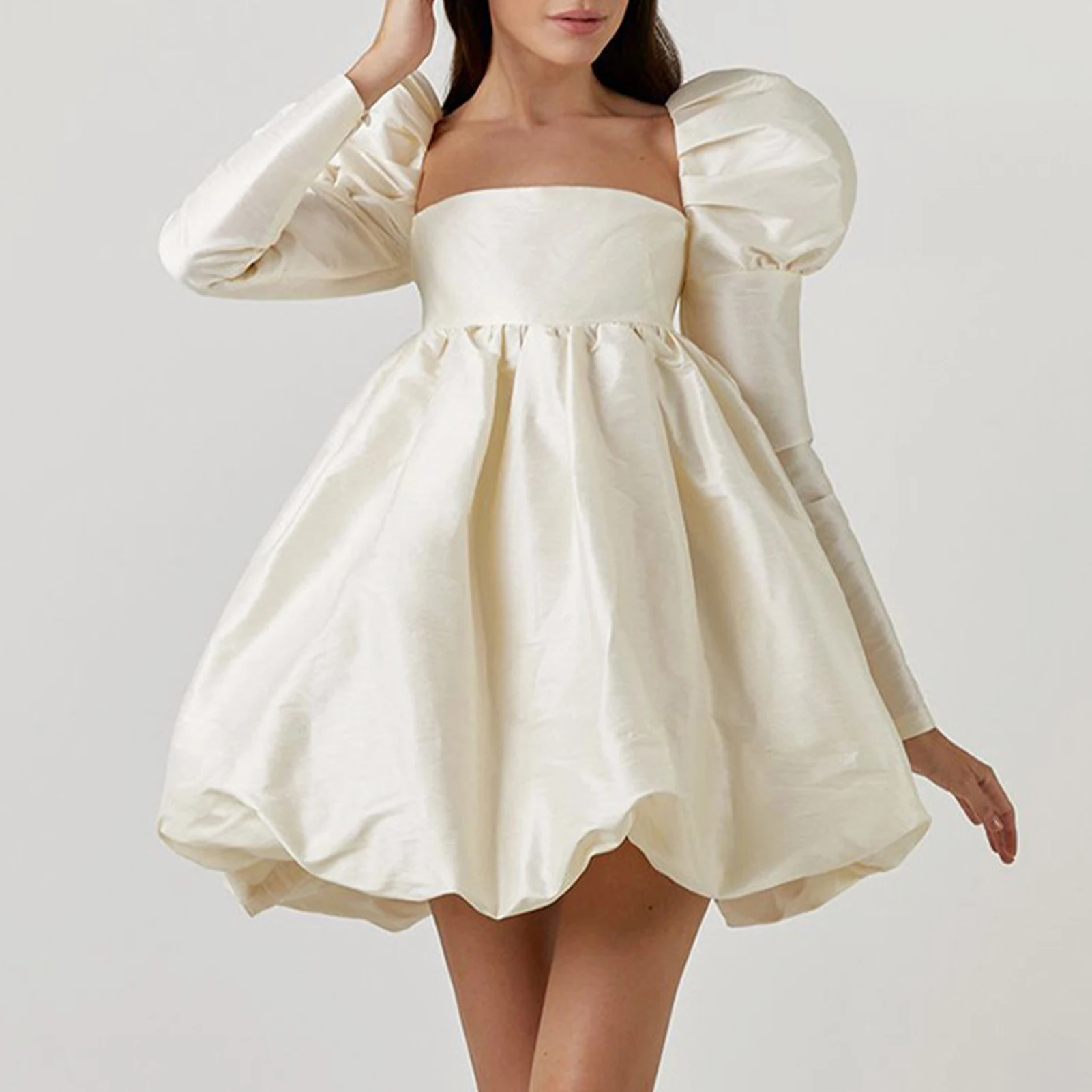 

Women Tie Back Dress Pullover Square Neck Dress Chic Long Puff Sleeve Dress Slim Fit Trendy Party Cocktail Dress