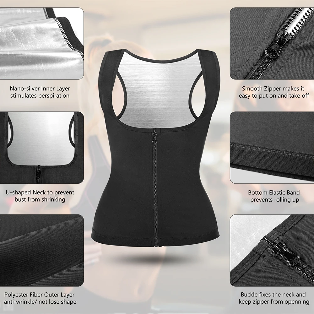 Women Slimming Sauna Vest Shirt Body Shaper Waist Trainer Sweat Corset with Zipper Gym Fitness Tank Top Sport Vest Weight Loss