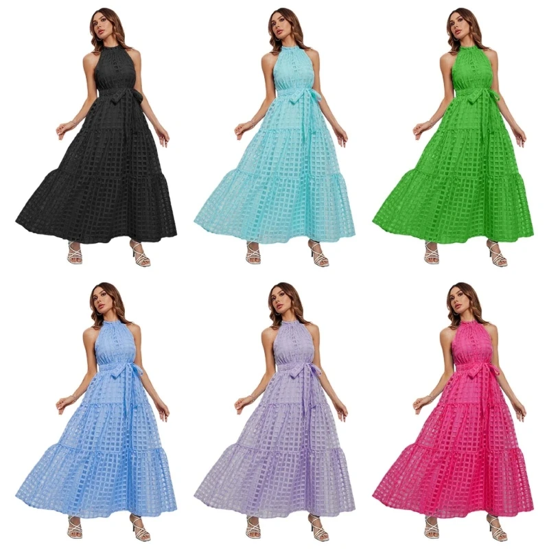 

Stylish Women Long Dress with Flounce Hem Midi Dress with Belt Solid Color Cocktail Party Midi Dresses for Everyday Wear