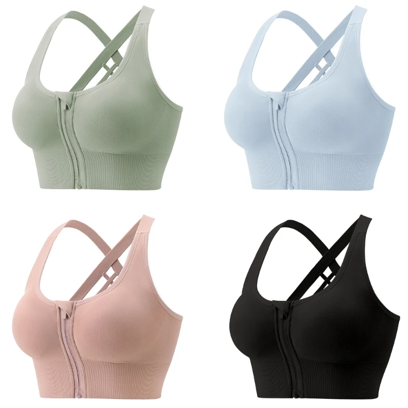 

Large Size Women Sports Bra Gathered Without Yoga Steel-Ring Running Fitness Vest Front Zipper Shockproof Underwear