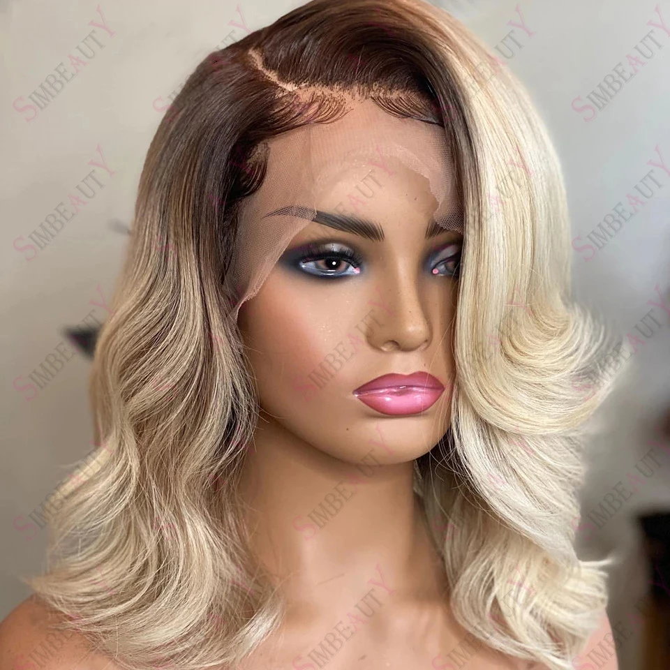 

Ombre Blonde Lace Front Human Hair Wigs For Women Short Body Wave Bob Wig Dark Root Preplucked 13x6 Lace Front Wig Remy Hair 180