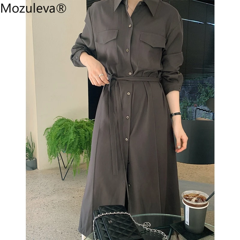 

Mozuleva New Spring Fashion Single-breasted Female Dress Full Sleeve Loose Lace-up Women Dress 2022 Elegant Ladies Midi Vestidos