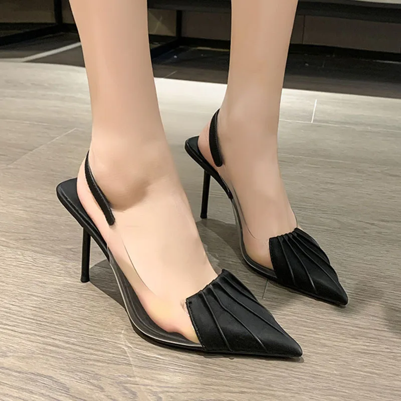

Женские Плиссированные босоножки на высоком каблуке, туфли-лодочки с острым носком, без застежки, пикантные прозрачные туфли на высоком каблуке-шпильке, новинка 2023