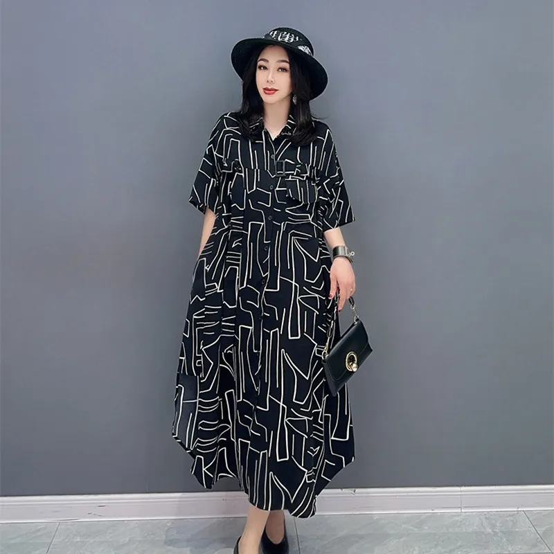 

Женское платье-рубашка с отложным воротником, свободное стильное платье-рубашка с принтом