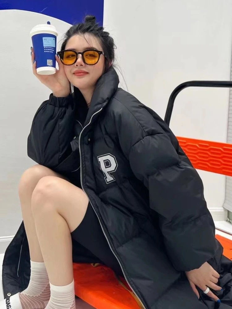 Fashion Stand Collar Thick Warm Black Long Parkas Women 2022 Winter Casual Letter Print Ladies Zipper Puff OutCoats Streetwear