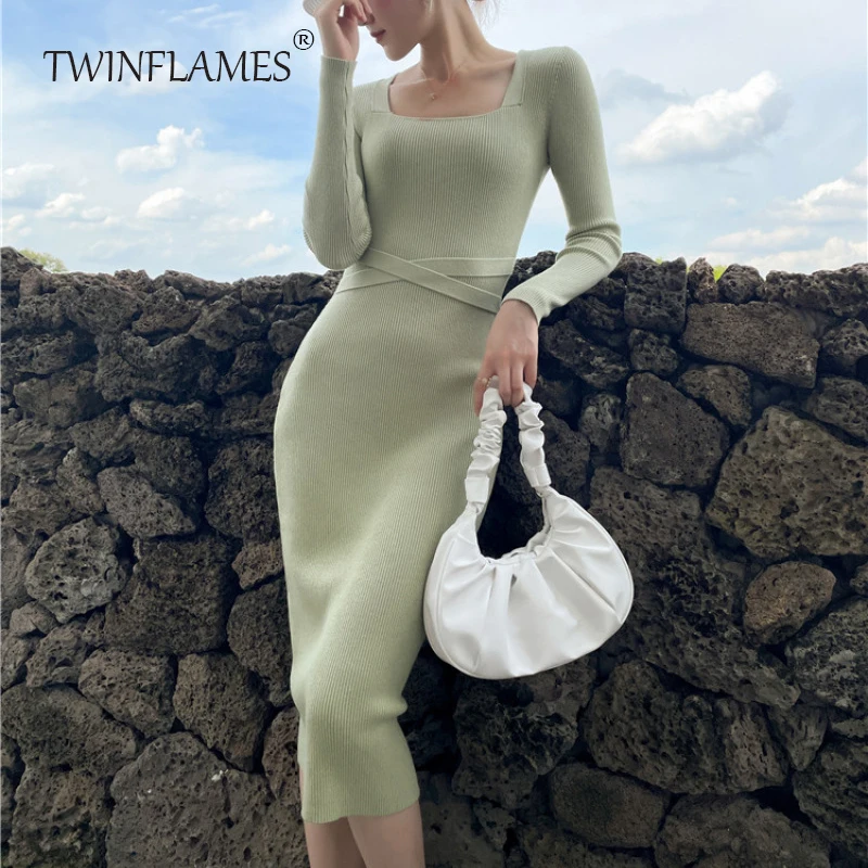 

TWINFLAMES Autumn Winter Square Neck Long Sleeve Knit Dress for Women Basic Sexy Slim Sweater Dress Elasticity Evening Dresses