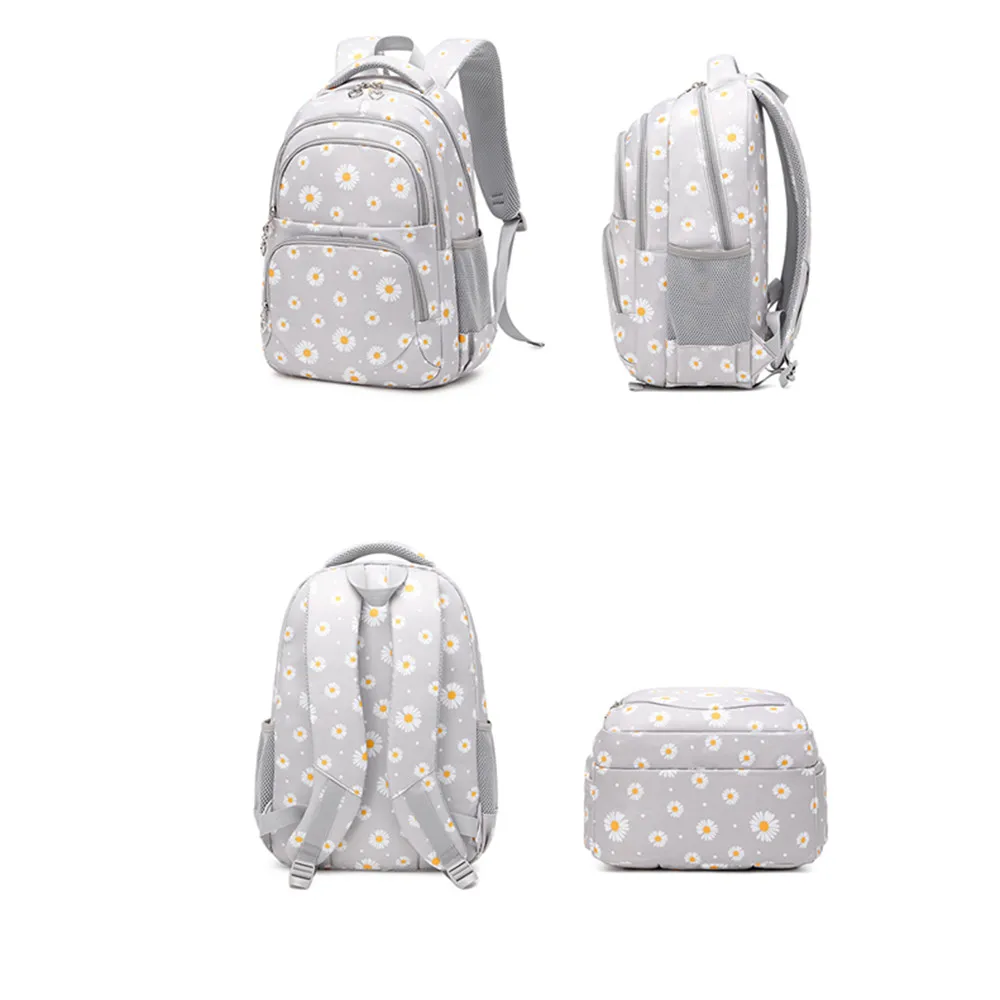 Girls Backpacks Cute Daisy Printing Elementary School Bag Grey Princess Back Pack with Lunch Case Kids Casual Daypack Satchels
