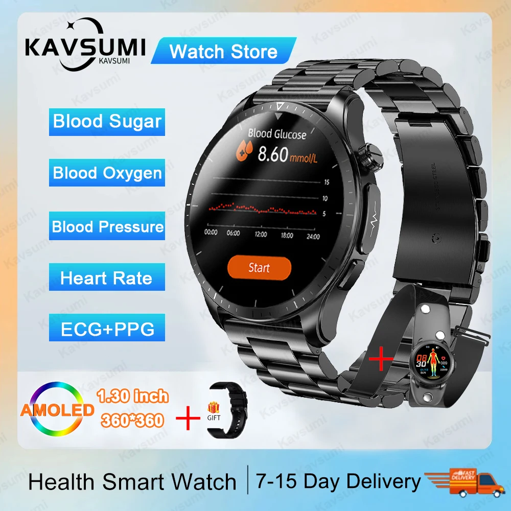 

Blood Glucose Smart Watch ECG Monitoring Men Women's Health Temperature Non-Invasive Blood Sugar Smartwatch IP68 Waterproof+Box