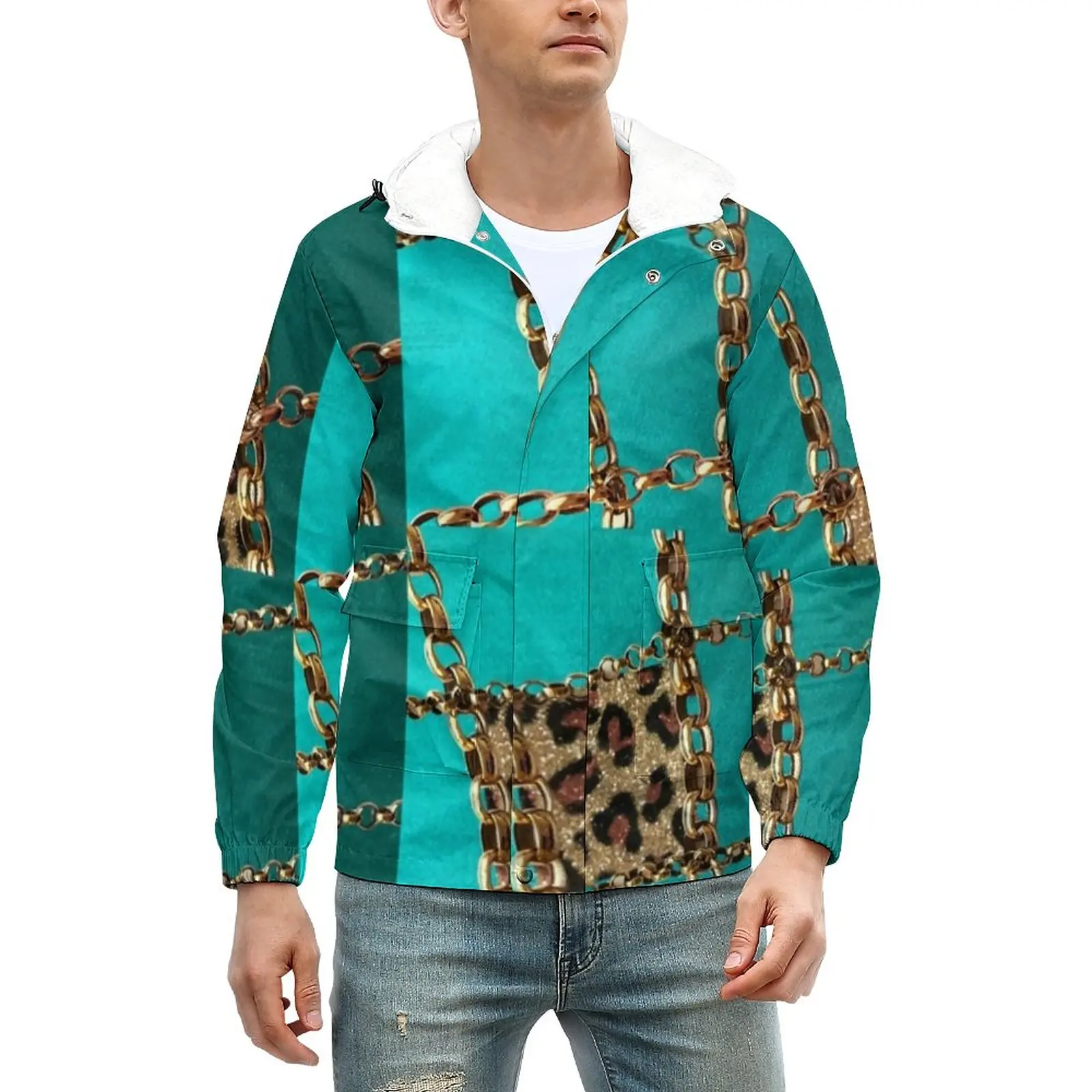

Gold Chain Print Thick Jackets Animal Leopard Zipper Winter Coats Kawaii Casual Jacket Graphic Outerwear Big Size Windbreakers