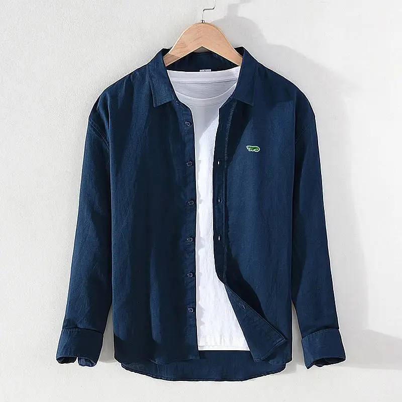 Рубашка мужская с вышивкой и логотипом брендовая Повседневная льняная хлопковая