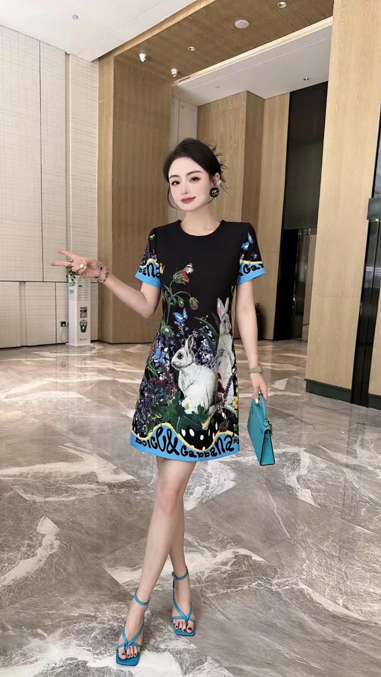 

Пасторальное маленькое платье с круглым вырезом и короткими рукавами; Коллекция 2023 года; Летнее платье в стиле ретро с изображением нефрита, кролика, цветка, бабочки