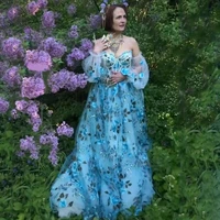 sky blue prom dress off shoulder applique 3d flowers summer dress floral pattern tulle dress sexy high side slit evening dress