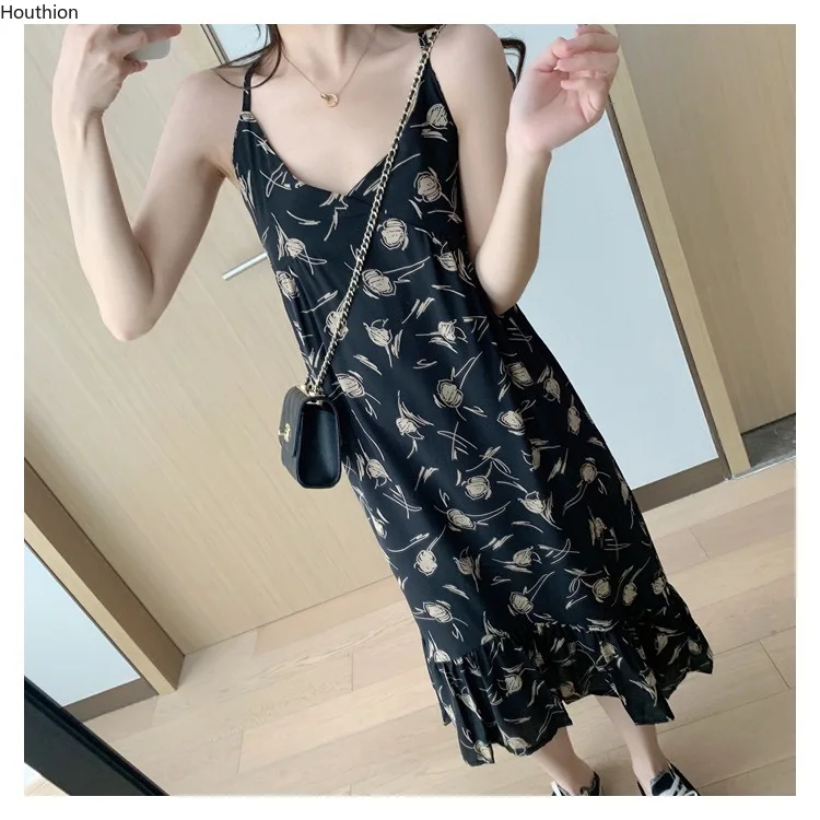 

Chiffon Loose Women's Dress New Dresses Mid-length V-neck Fashion Spaghetti Strap Floral