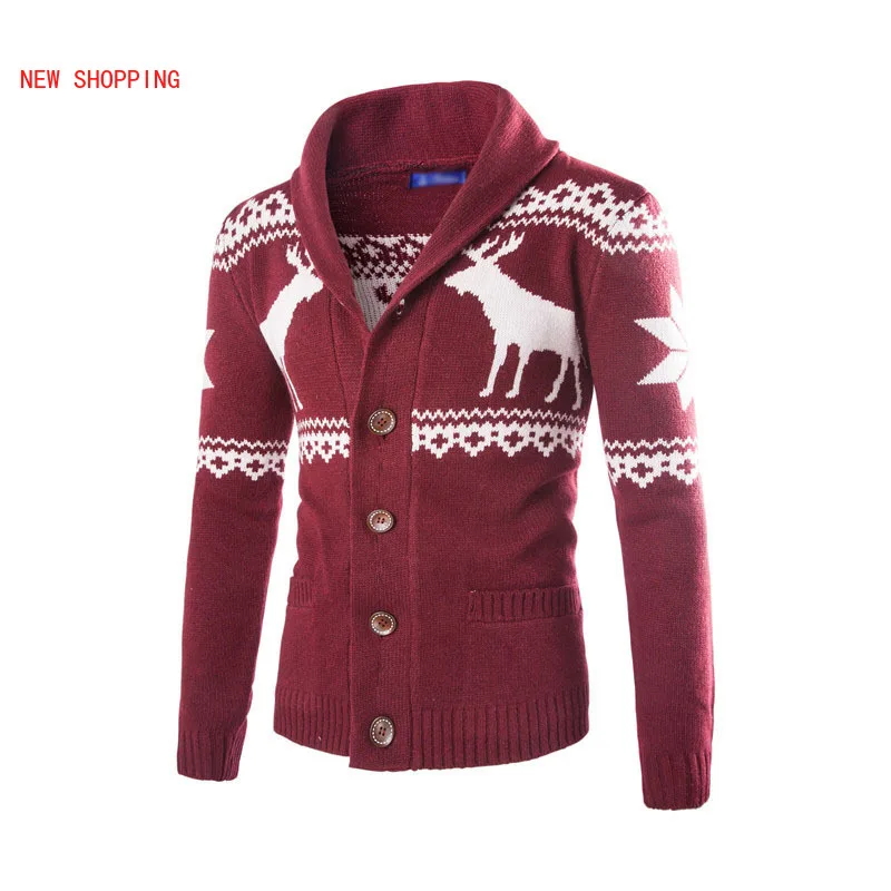 Spring Autumn Fashion Warm Christmas Sweater Men Deer Printed Jacket Coat Casual V Neck Knitting Mens Cardigan Sweaters Brand