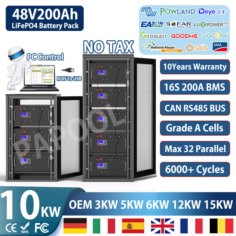 48V 200Ah 100Ah LiFePO4 Battery Pack 51.2V 10Kw 6000 Cycles PC Monitor Max 32 Parallel 16S 200A BMS Inverter Lithium Ion Battery