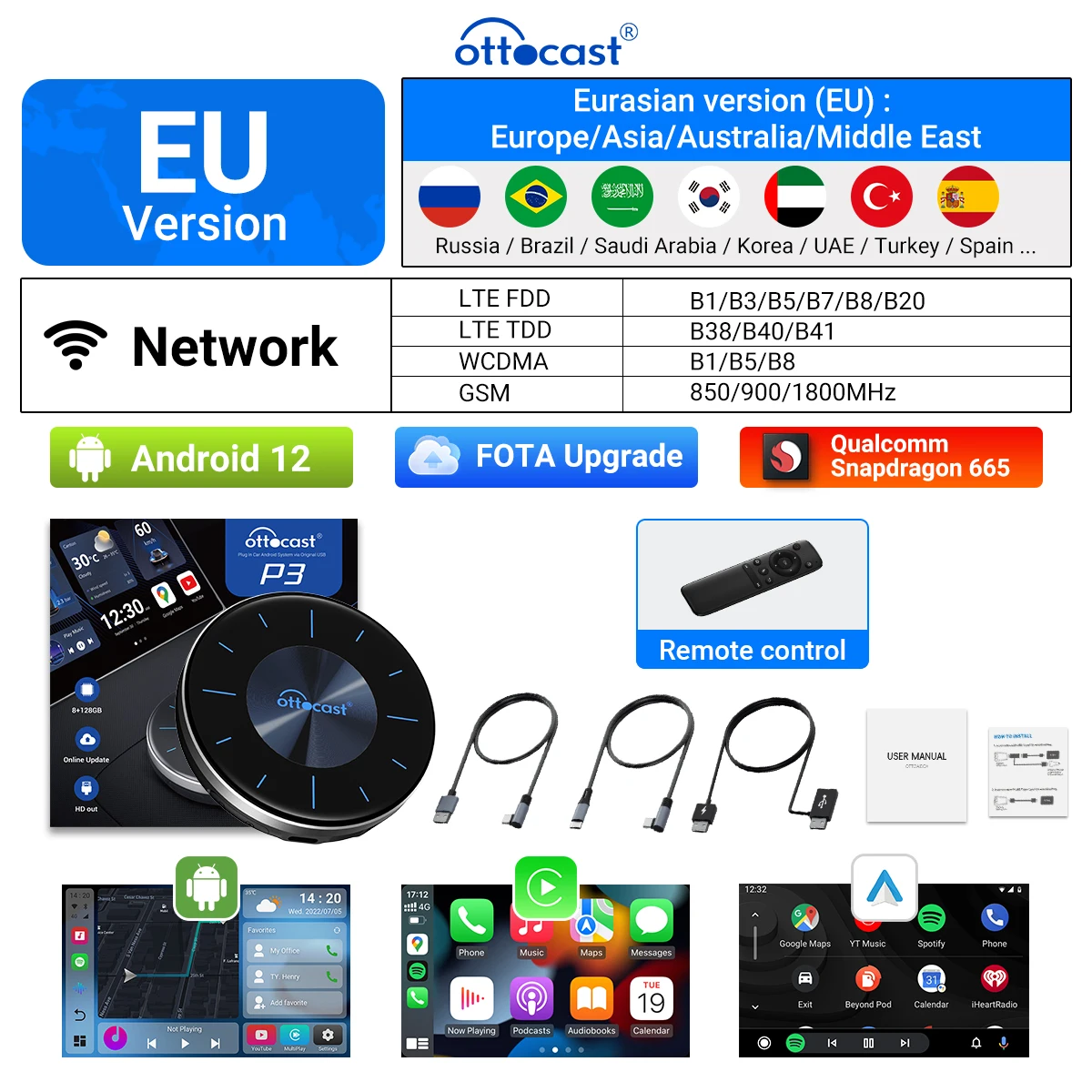 

P3 Carplay Ai TV Box Smart Systems Car Play Android Auto Беспроводной адаптер для Netflix Spotify День отца Подарок парню