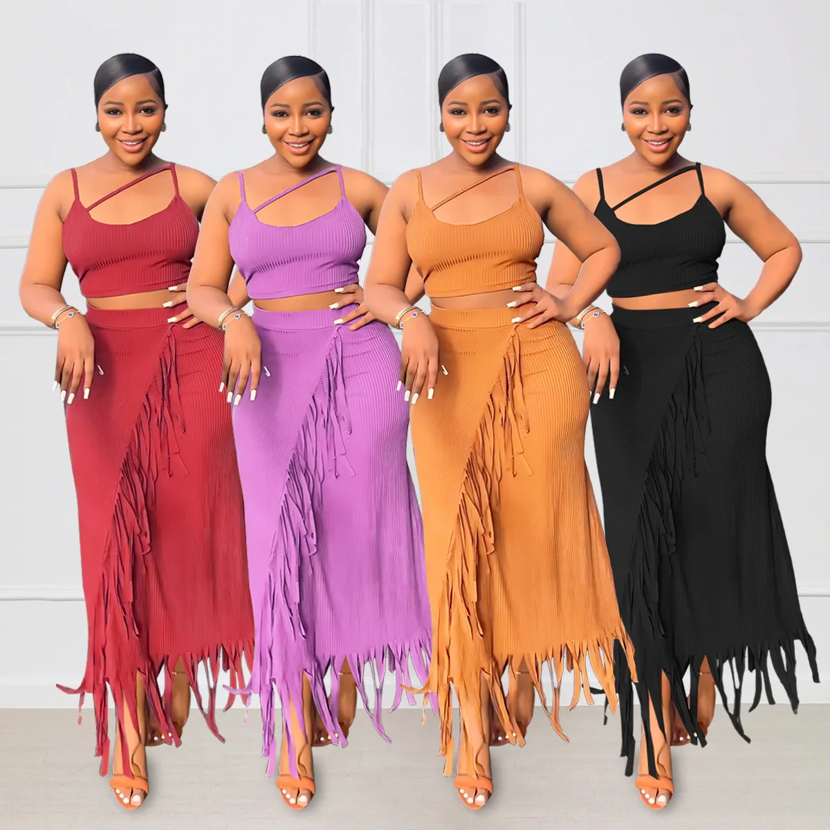 

Tassel Long Skirt and Sleeveless Tank Top Women 2 Piece Set Stretchy Skinny Ribbed Dress Party Clubwear Skirts Set Two Pieces