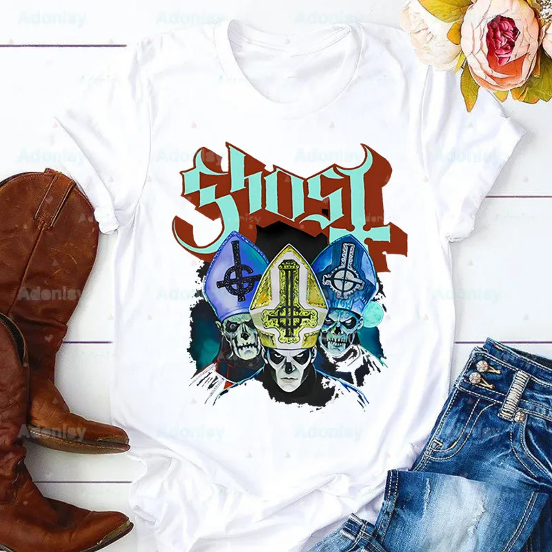 

Женская футболка Ghost Band Hard Rock, повседневные футболки с рисунком призрака из тяжелого металла, хипстерские женские рубашки с коротким рукаво...