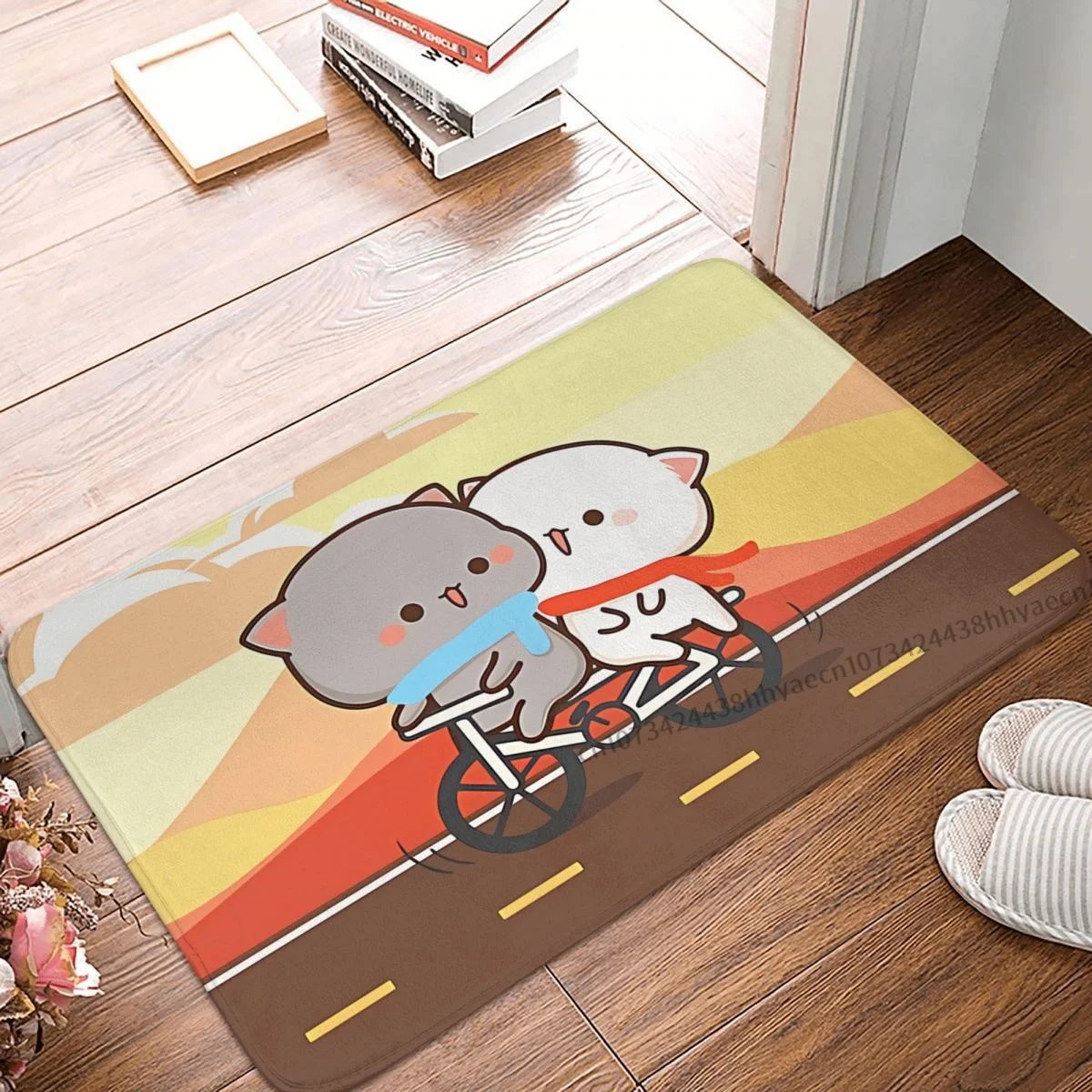 

Peach and Goma Mochi Cat Anti-Slip Doormat Bath Mat Rides A Bicycle Hallway Carpet Welcome Rug Indoor Decor