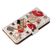 luxury bling diamond lipstick wallet flip card slot leather case for iphone 13 12 11 pro max x xr xs 6 7 8 plus rhinestone cover