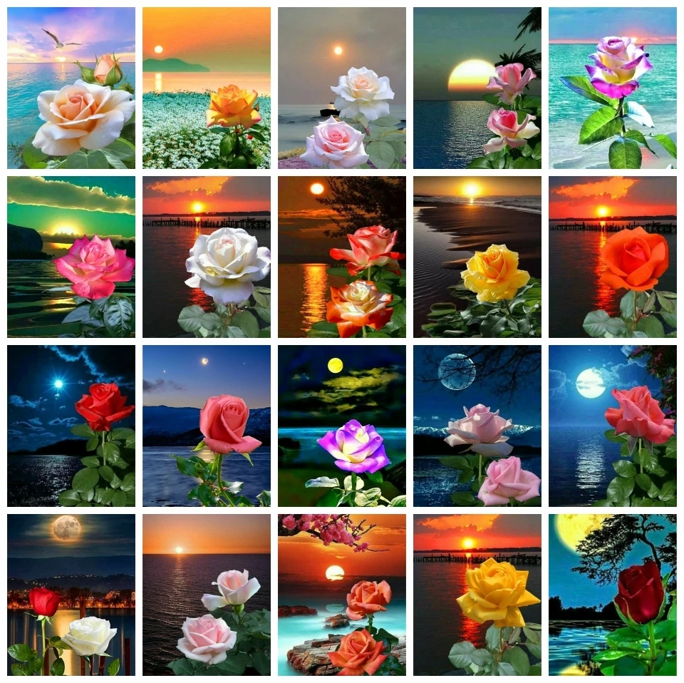 

AZQSD Full Square Diamond Painting Landscape Seaside Diamond Embroidery Flower Rose Home Decor Gift Picture Of Rhinestones