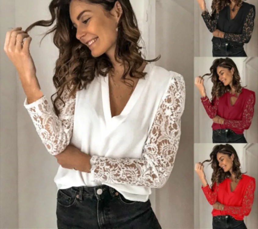

Новая женская кружевная приталенная рубашка с длинным рукавом и V-образным вырезом, женская одежда, топ, женские футболки, женская одежда
