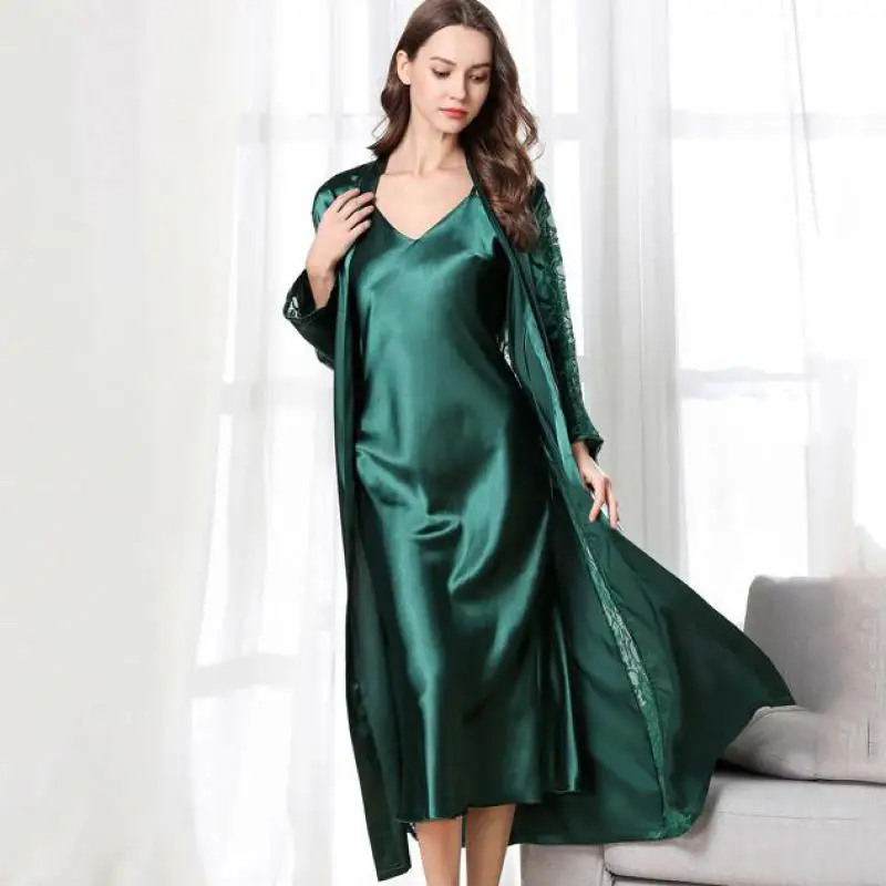 2 PCS Robe Set Female Lace Hollow Out Kimono Long Bathrobe Gown Suit Sexy Intimate Lingerie Spring V-Neck Sleepwear Loungewear