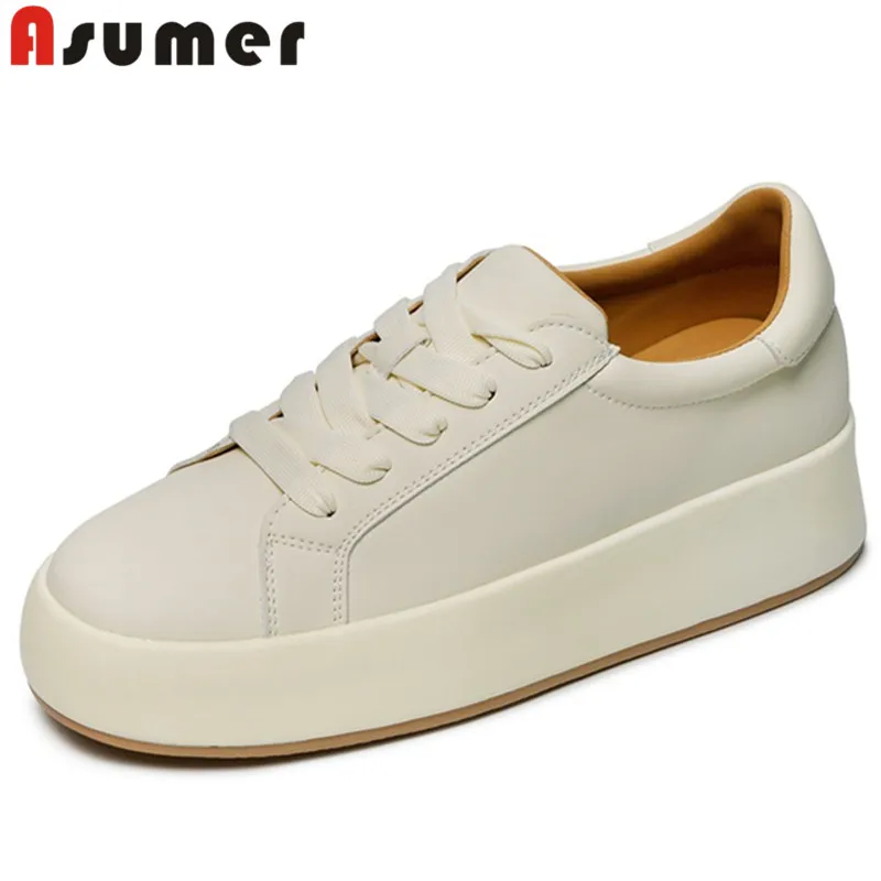 

ASUMER 2023 New Size 34-40 Genuine Leather Lace Up Sneakers Woman White Spring Flats Shoes Chunky Ladies Simple Shoes
