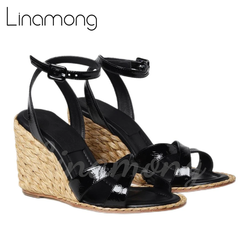 

Black Patent Leather Wedge Espadrilles Cross Strap Buckle Sandals Concise Luxury Style Summer Shoes for Women Round Toe Sandals