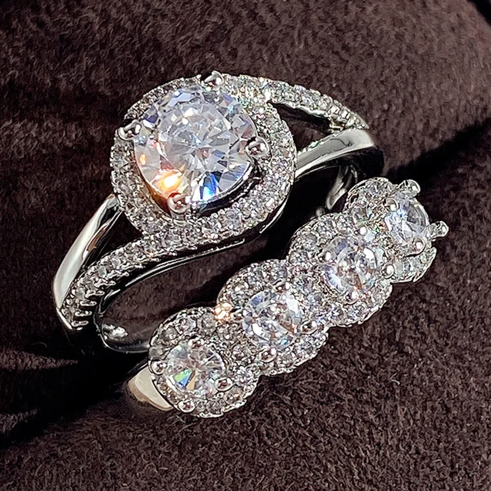 

Комплект колец для невесты Женский, свадебные кольца с блестящим кубическим цирконием, современный дизайн, ювелирные изделия, 2 шт.
