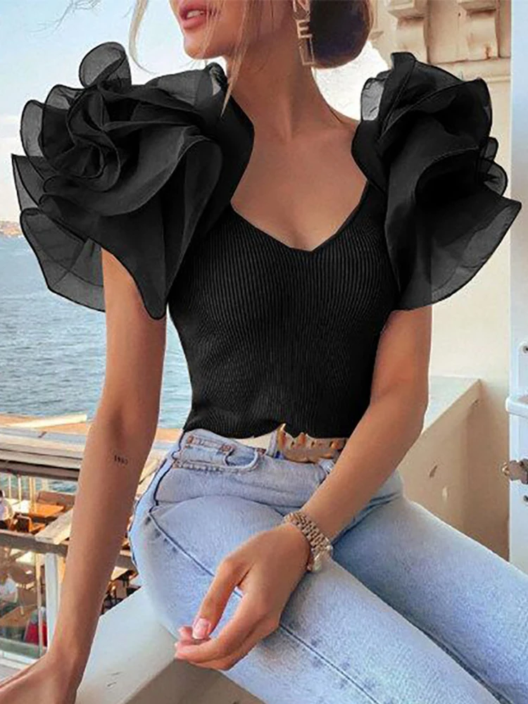 Women Elegant Fashion  Female Top Casual Brief  Ribbed Layered Ruffles Short Sleevel V Neck Slim Fit Blouse