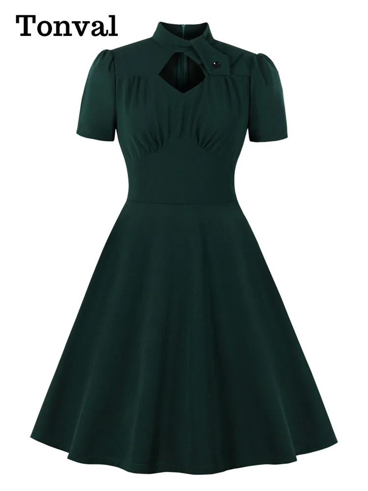 Tonval Twist Stand Collar Cut Out Front Party High Waist Ruched Dress Vintage Summer Women Pocket Side Green Swing Dresses