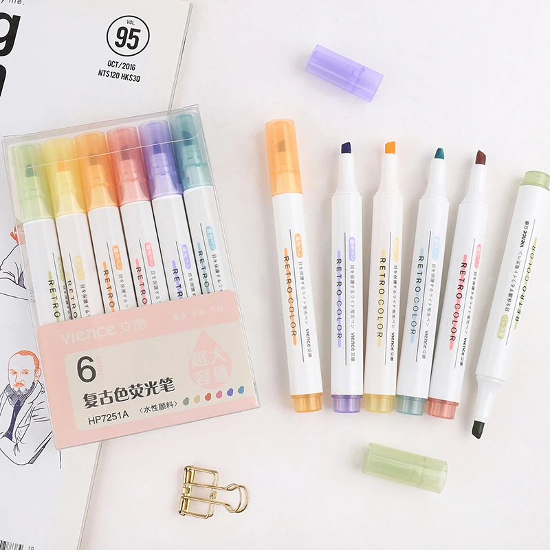 

6pcs/set Dual Head Morandi Retro Color Highlighter Kawaii Marker Pen DIY Photo Album Journal Fluorescent Pen Student Stationery