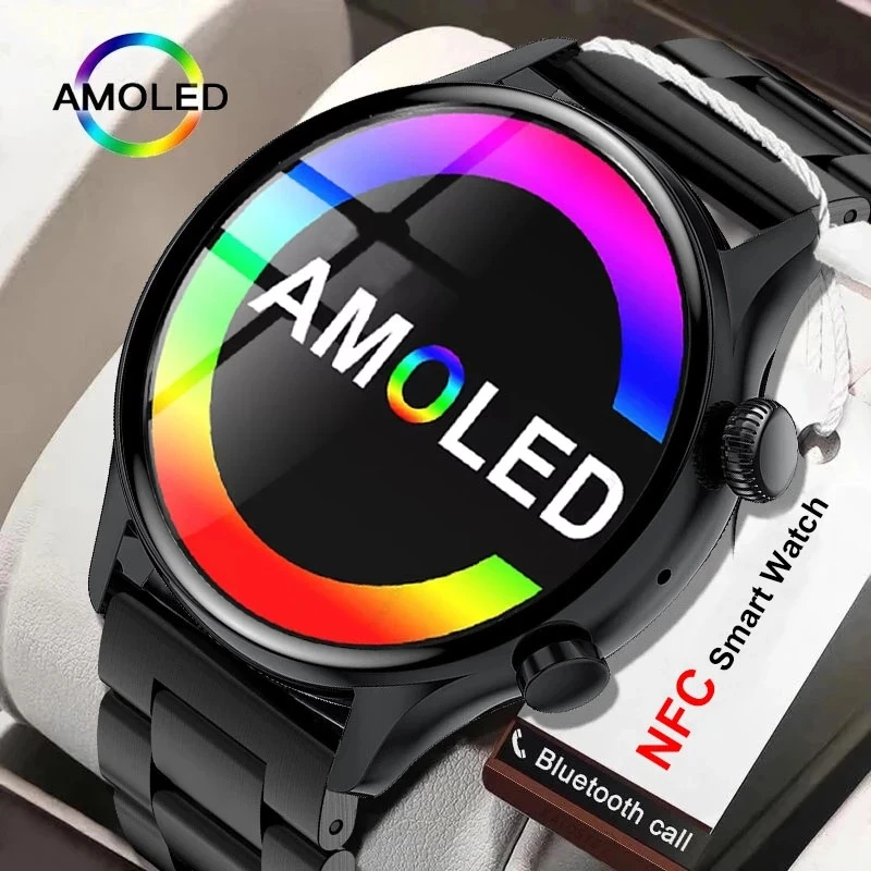 

2023 NFC Smart Uhr Männer AMOLED 390*390 HD Bildschirm Immer display die zeit Bluetooth Call Wasserdichte Smartwatch Frauen für