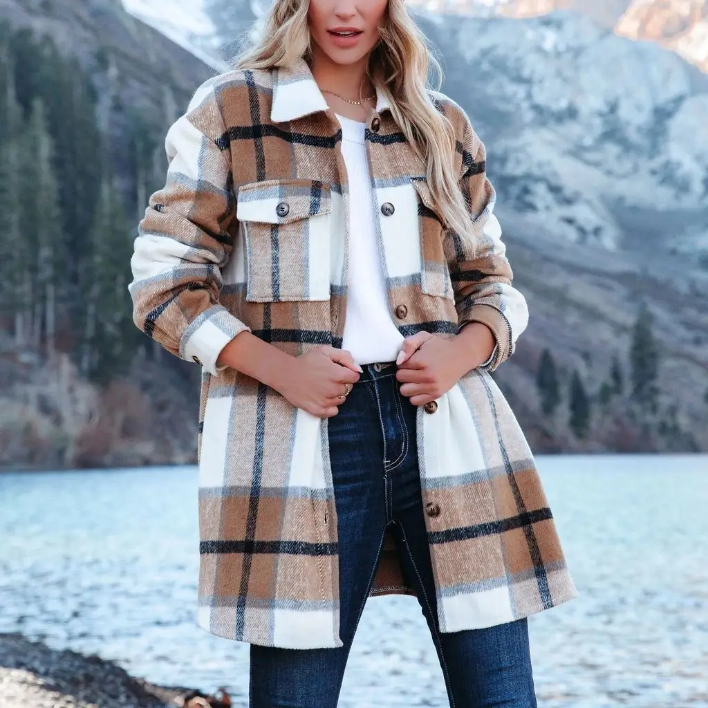 

Autumn Plaid Women's Coat Lapel Pockets Button Long Sleeve Winter Warm Coats Female Fashion Elegant Casual Office Ladies Clothes