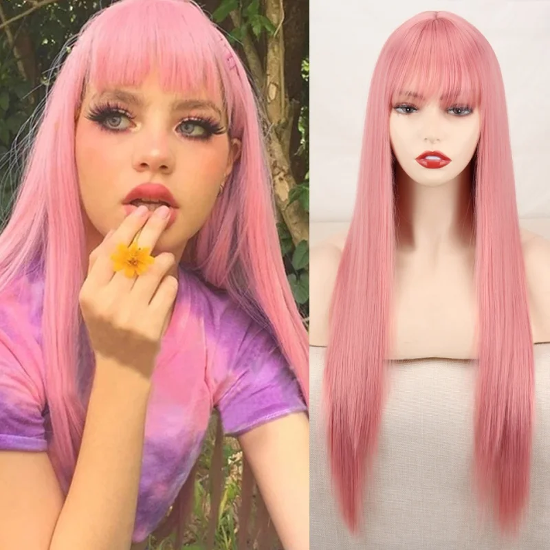 

Lolita synthetic Wig Pink Wig Blonde wig Long Streight hair With Bangs Natural wigs For women hair Cosplay Wig