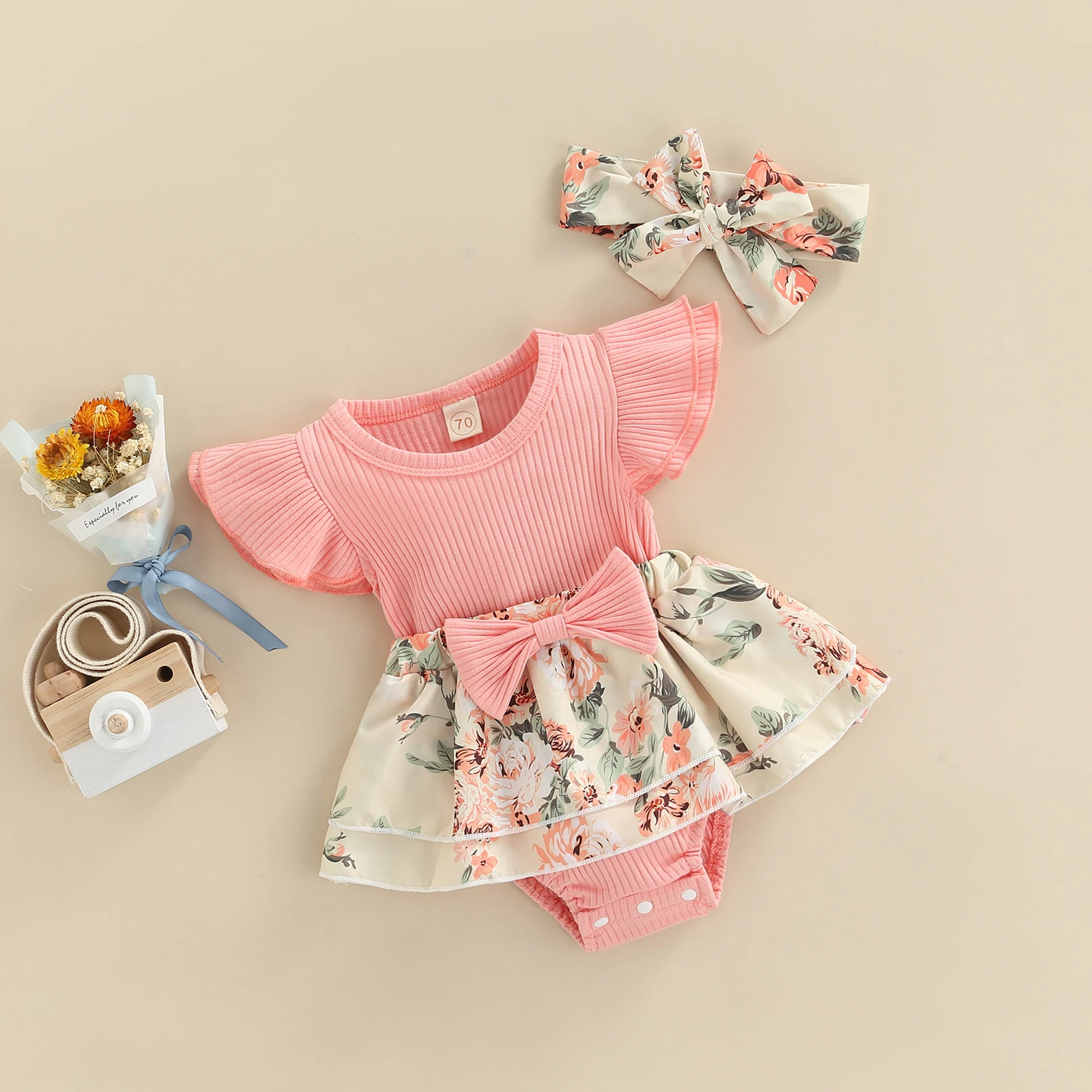 

0-18M Newborn Infant Baby Girls Romper Ruffle Floral Bow Jumpsuit Princess Baby Girls Summer Clothing Costumes D01