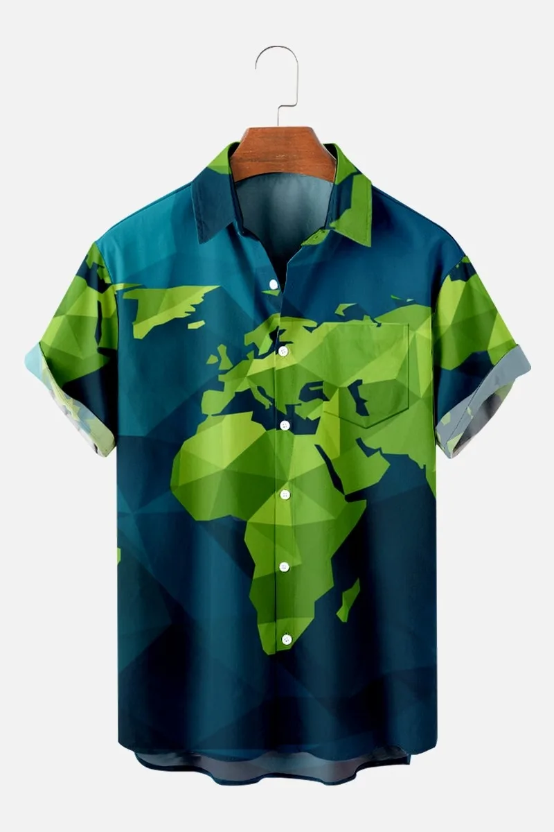 2022 Men's Short Sleeve Lapel Shirt Plus Size Map 3D Print Men's Top with Pockets