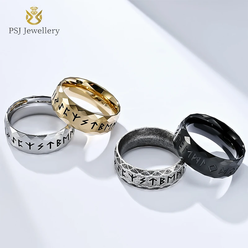 

PSJ Fashion Jewelry Vintage Style Nordic Viking Letter Lun 8mm Ancient Silver Titanium Stainless Steel Rings for Men Wedding