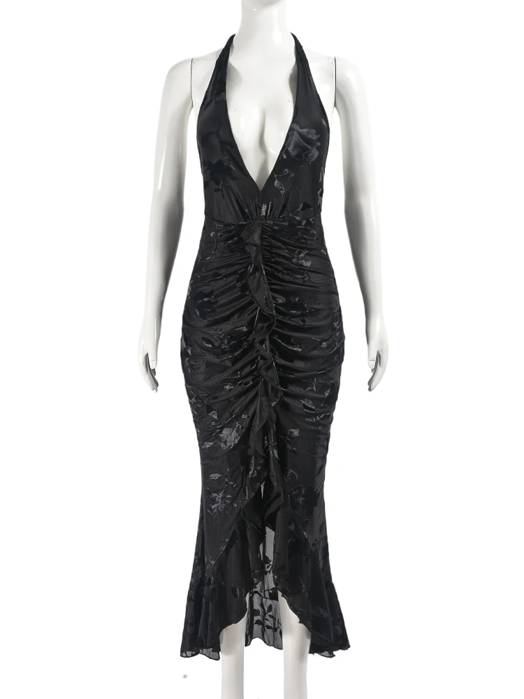 Женское винтажное платье без рукавов с V-образным вырезом и рюшами