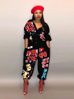 sexy letter print flared leg jumpsuit women y2k button up short sleeve jumpsuit 2022 summer streetwear wholesale