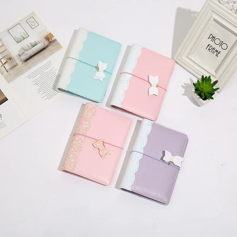 

New A6 Macaroon Wavy Sequin Bow Leather Buckle Pink Blue Purple Pink Loose-leaf Notebook Stationery