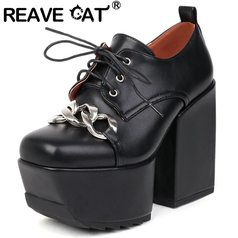 

REAVE CAT 2022 Women's Pumps Platform Square Toe Thick Heels Lace-up Metal Decoration Fashion Big Size 32-46 Black Spring S3396