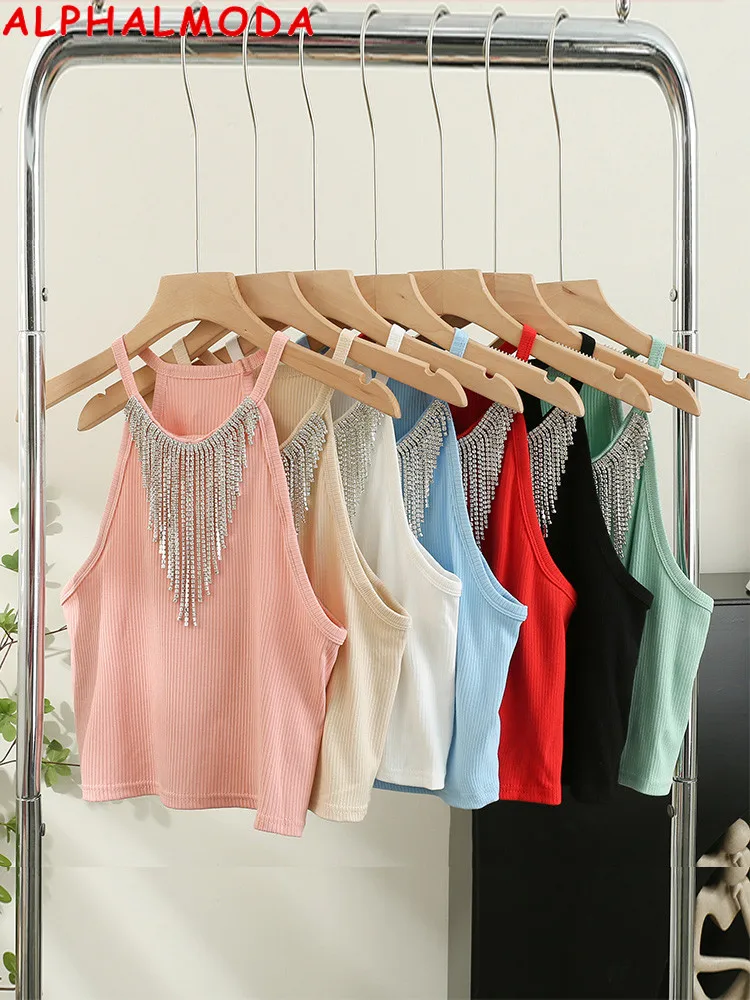 Женский укороченный жилет ALPHALMODA, облегающий трикотажный топ без рукавов с бриллиантами и бахромой, модная майка на лето 2023 Женский укороченный жилет ALPHALMODA, облегающий трикотажный топ без рукавов с бриллиантами и бахромой, модная майка на лето 2023