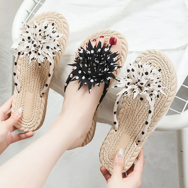 

Polka Dot Flower Flat Bottom Flip-Flops Women's Sandals Imitation Straw Flip Flops 2022 New 1.8cm Heel WNh