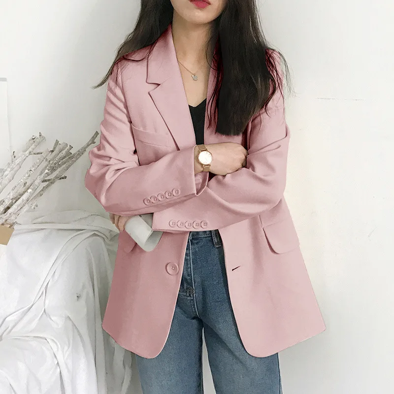 Fashion White Long Sleeve Blazers for Woman Ulzzang Single Breasted Suits Jackets Ladies Solid Loose Office Coats Female Tops