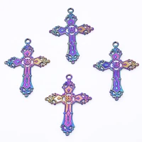 5pcslot gothic openwork cross rainbow color charms retro pattern cross pendant for diy handmade jewelry making accessories