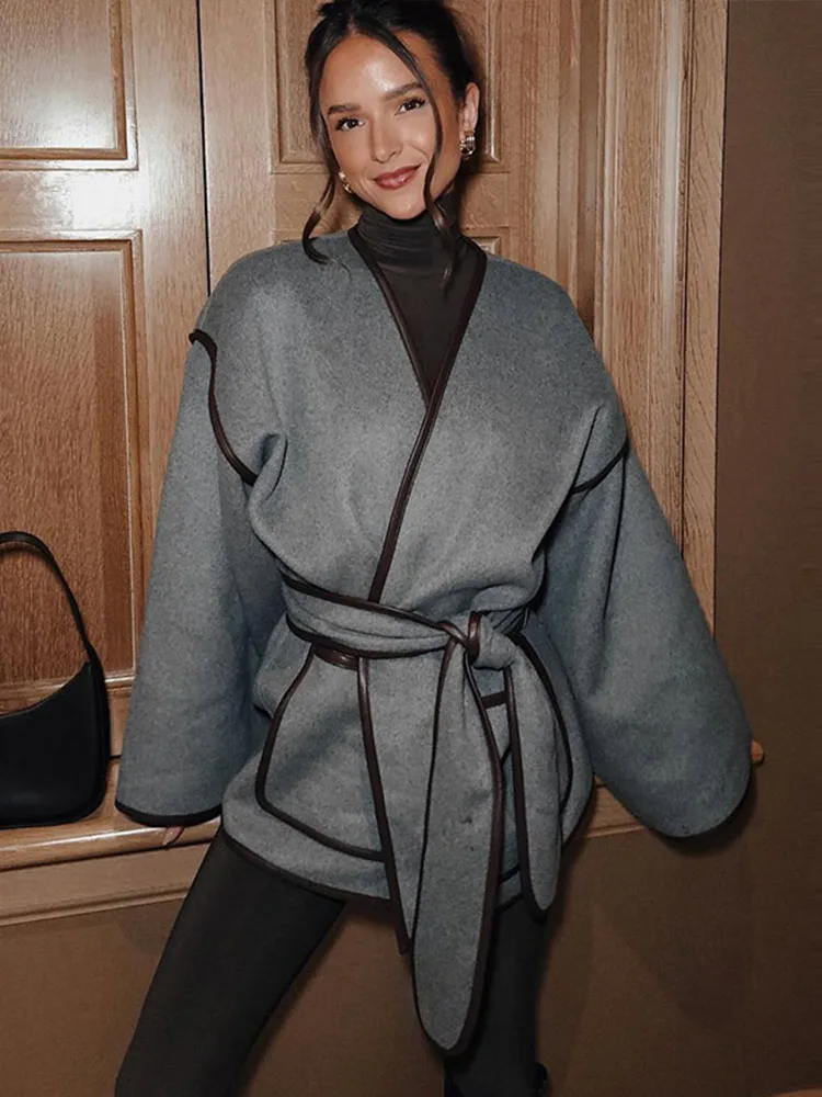 Шерстяное пальто на шнуровке куртка с завязкой талии цветное лоскутное со