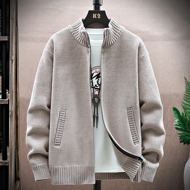 

2022 Autumn Korean Bomber Men's Sweaters with Fleece Men's Solid Cardigan Knitted Sweatercoats Casual Jacket Male M-3XL 8907