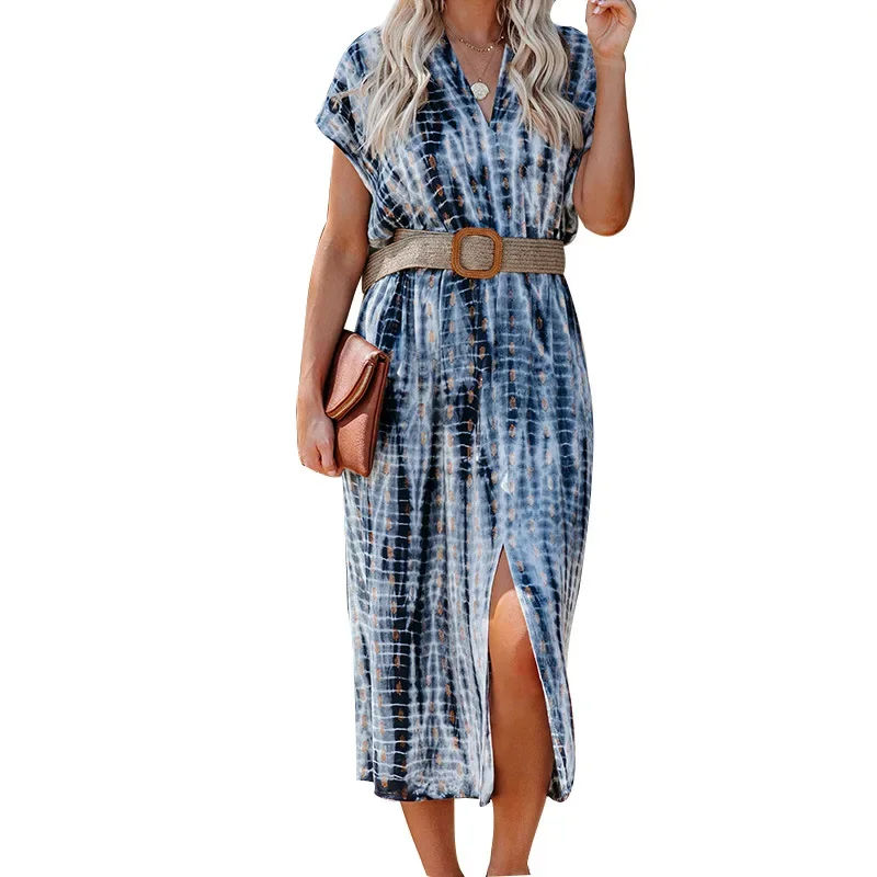 Новинка 2022 женское модное платье с v-образным вырезом и боковым разрезом поясом